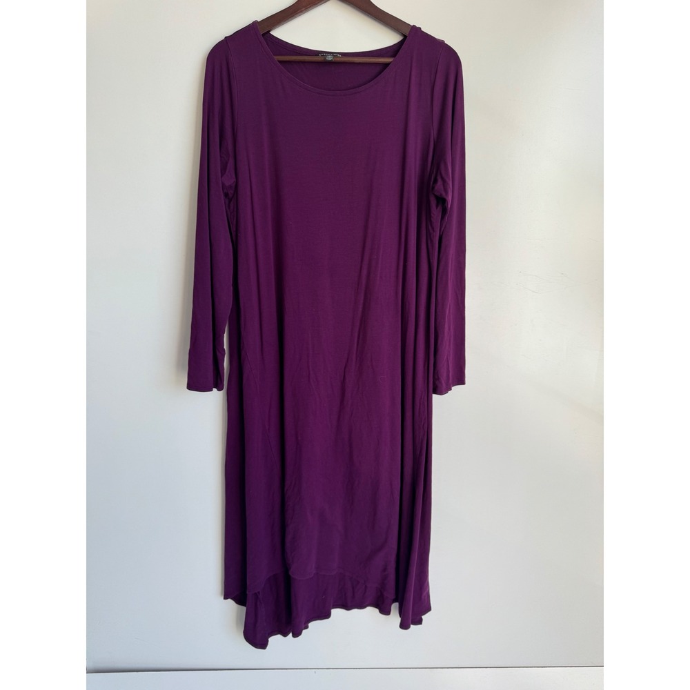 Eileen Fisher Purple Tencel Lyocell Asymmetrical 3/4 Sleeve Midi Dress Womens L